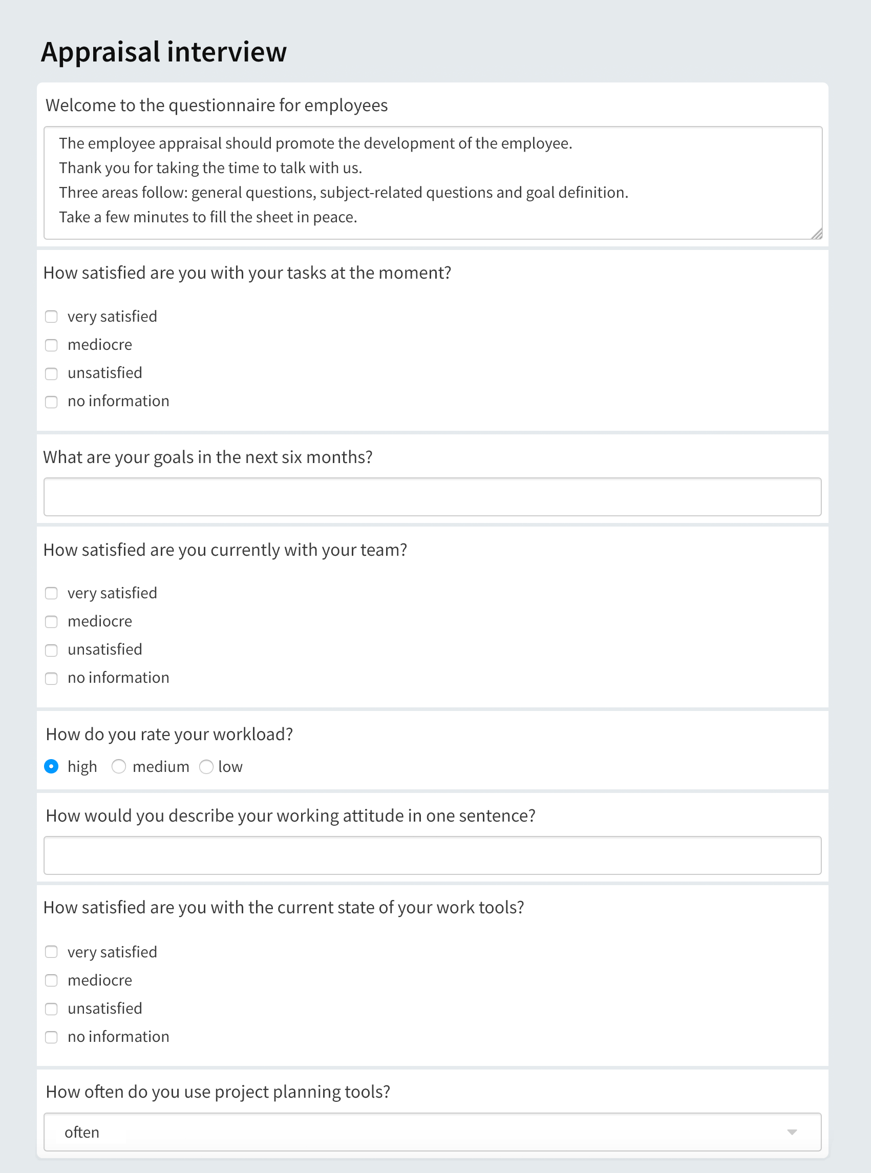 View of an employee questionnaire
